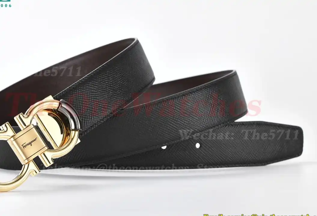 YG Brass Buckle on Black Brownish Leather Belt 3.5cm