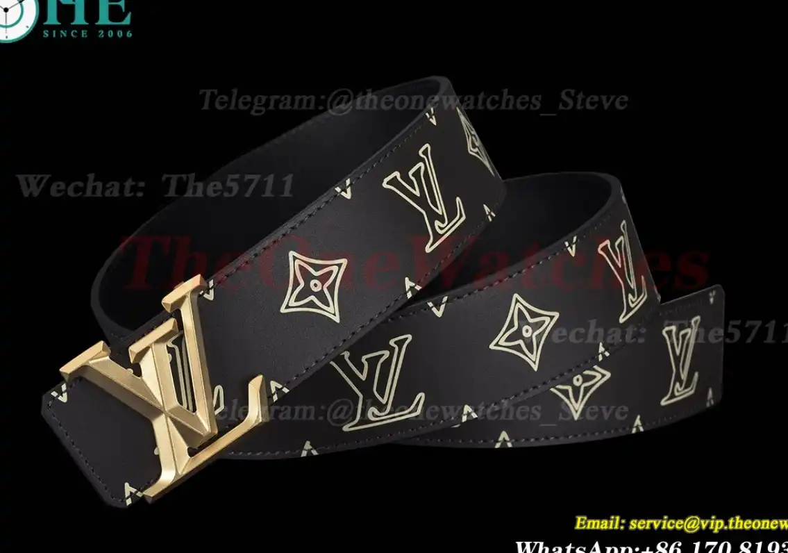 Yellow Gold LV Brass Buckle on Black Leather Belt 4.0cm