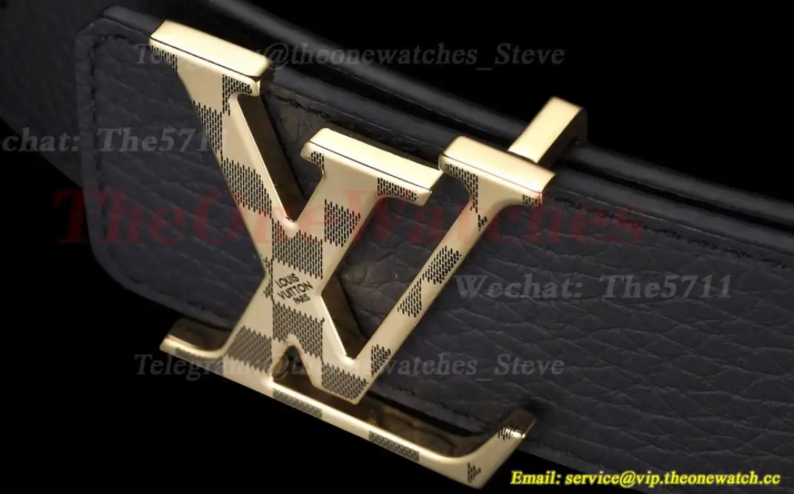 Yellow Gold Stamp LV Brass Buckle on Black Leather Belt 4.0cm