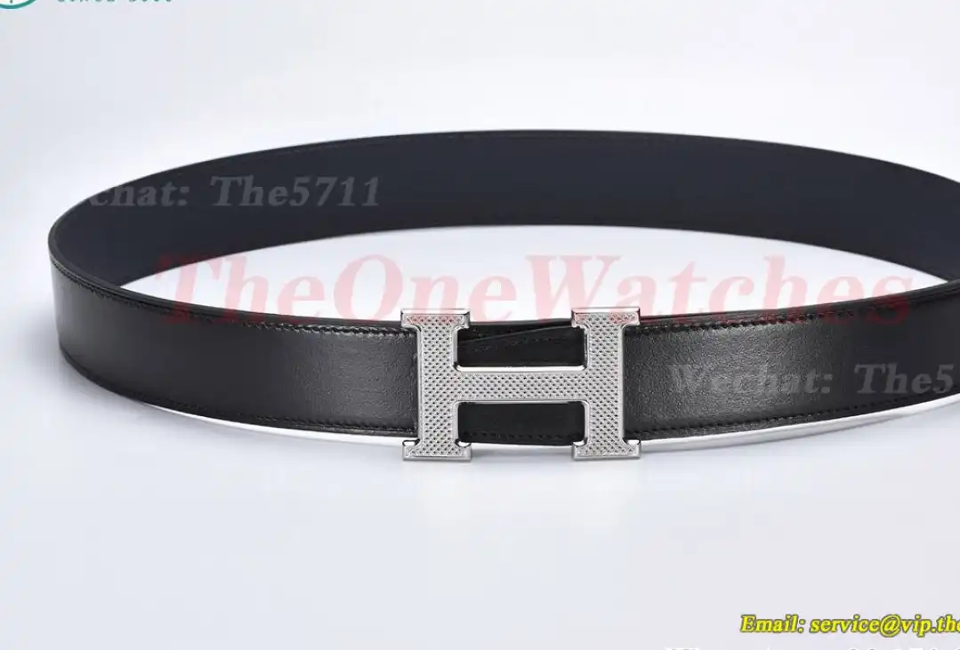 Silver Hermes SS Buckle on Black Black Leather Belt 3.8cm