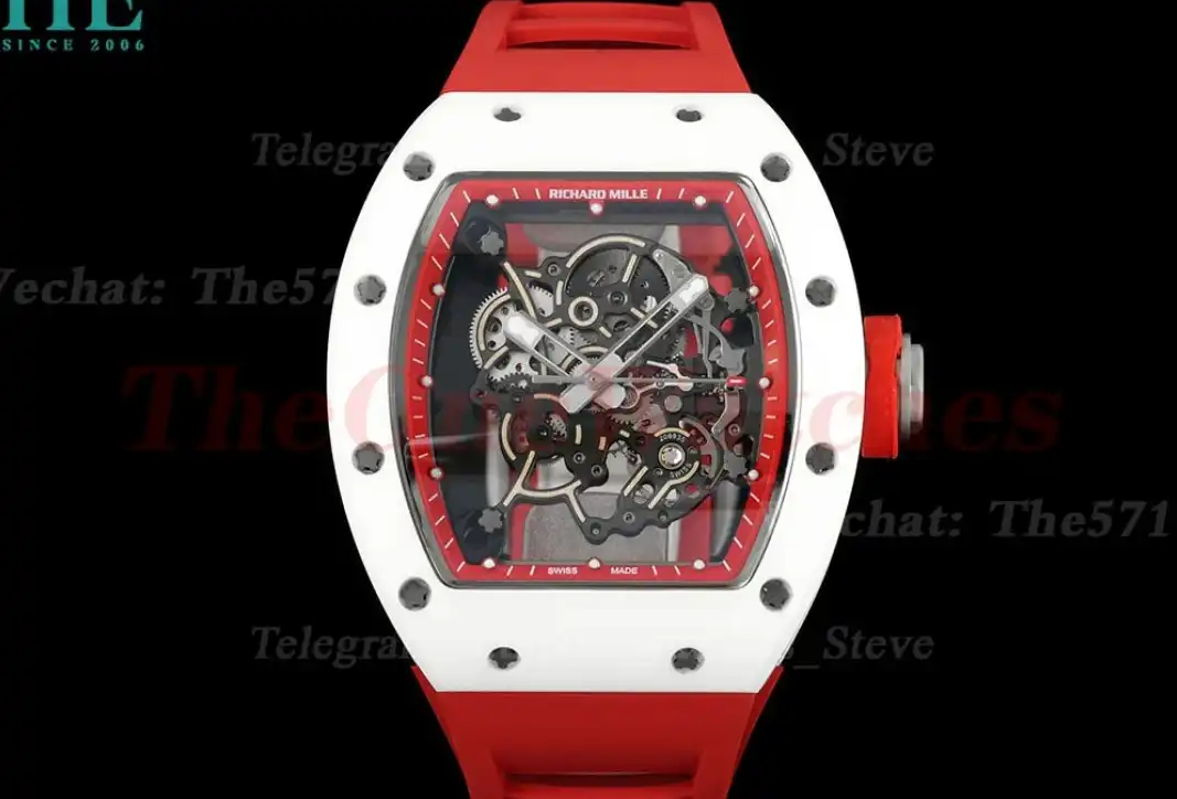 RM055 White Ceramic Red Skeleton Dial On Red Rubber Strap T+F RMUL2