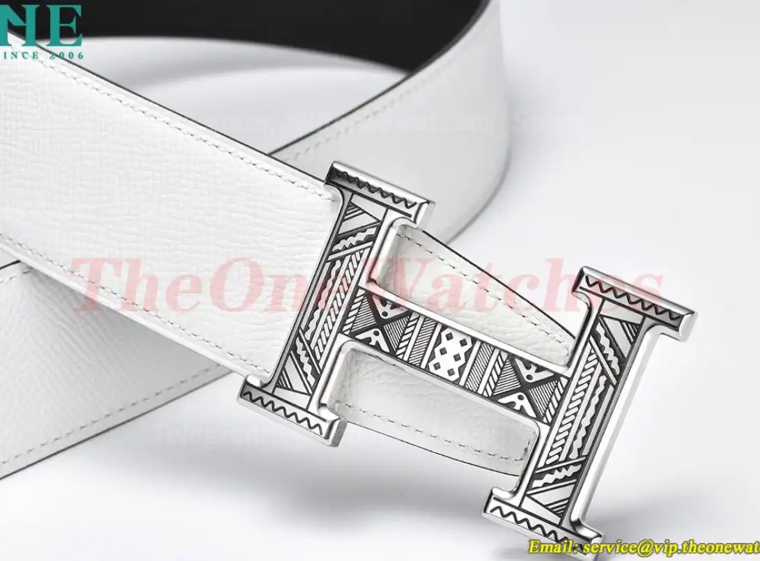 Silver Hermes SS Buckle on White Black Leather Belt 3.8cm