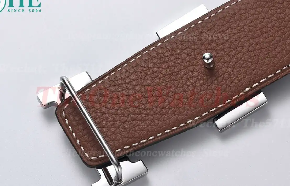 Silver Hermes SS Buckle on Brown Black Leather Belt 3.8cm