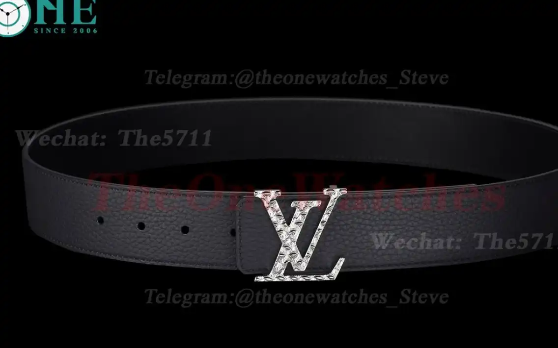 Engraved LV Brass Buckle on Black Leather Belt 4.0cm