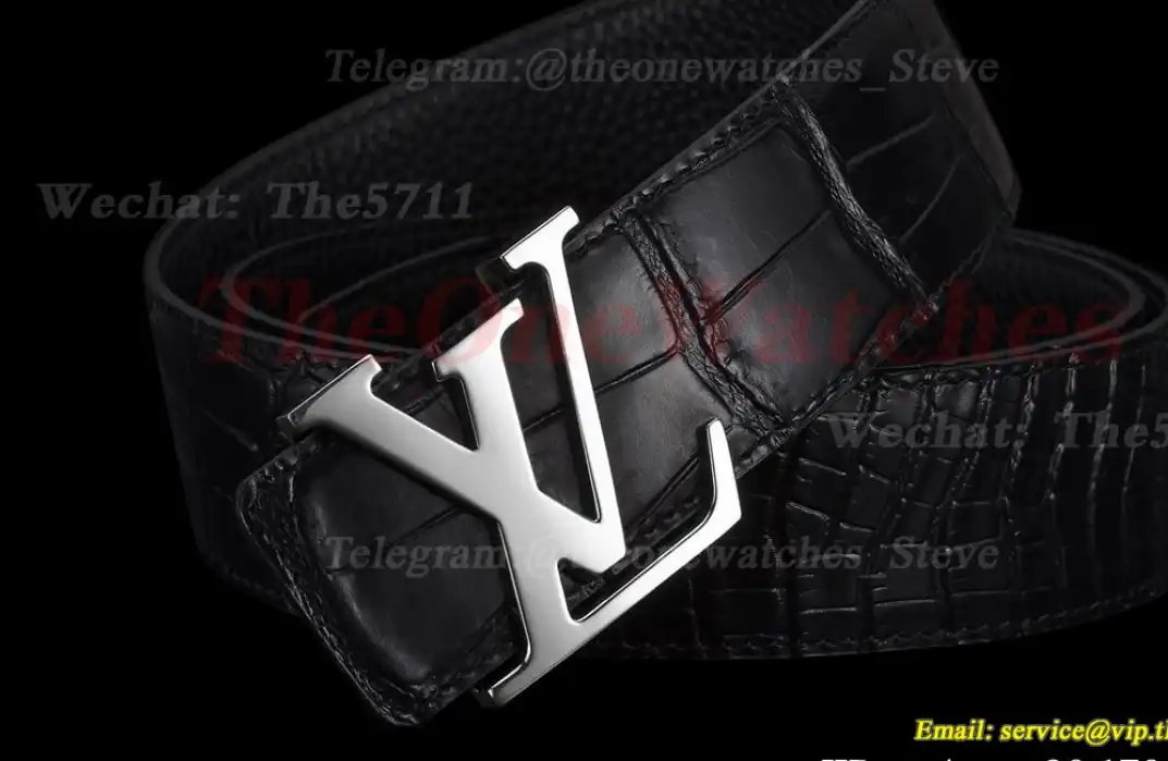 Silver LV Brass Buckle on Black Leather Belt 4.0cm