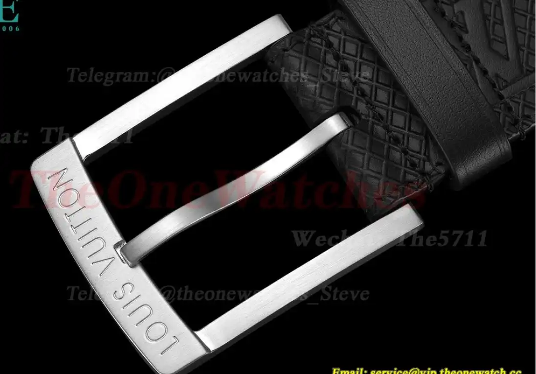 Silver LV SS Buckle on Black Checkered Leather Belt 3.5cm