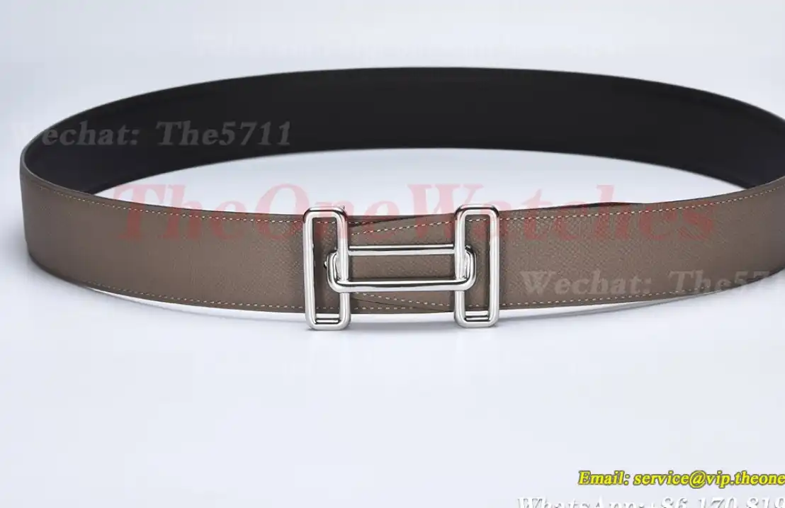 Silver Hermes SS Buckle on Apricot Black Leather Belt 3.8cm