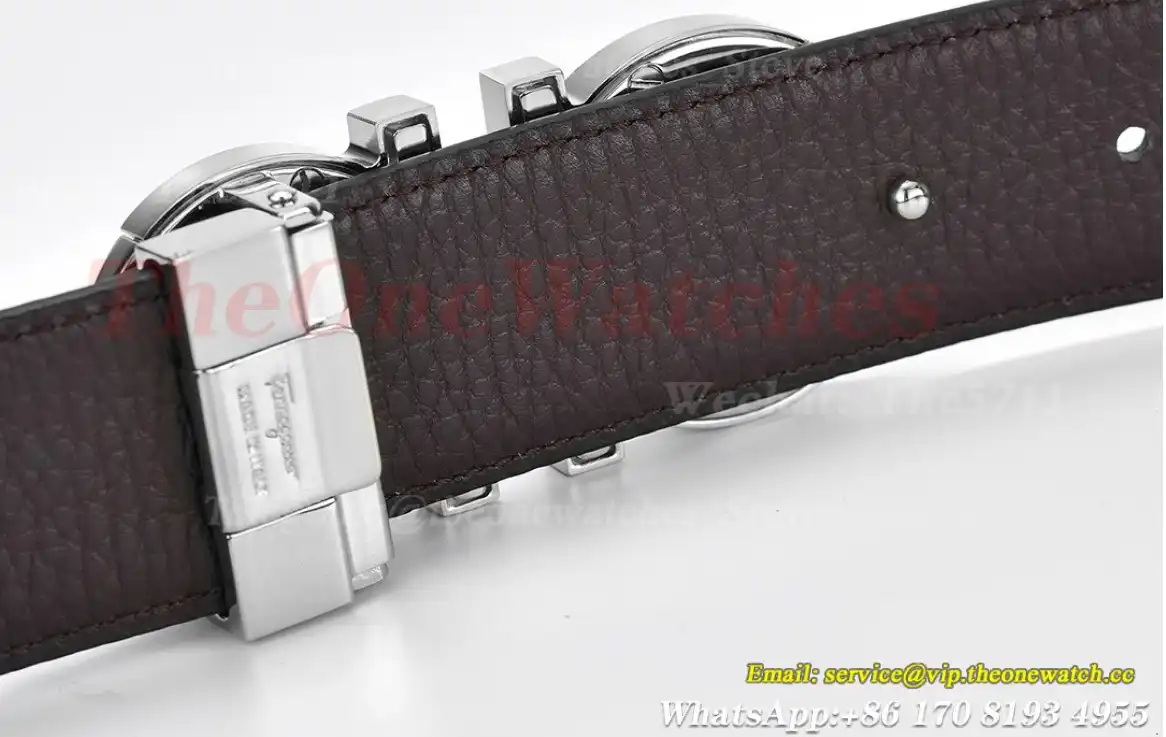 Silver Brass Buckle on Black Brownish Leather Belt 3.5cm