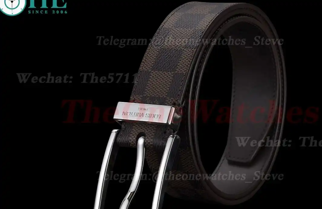 Silver LV SS Buckle on Brown Leather Belt 3.5cm