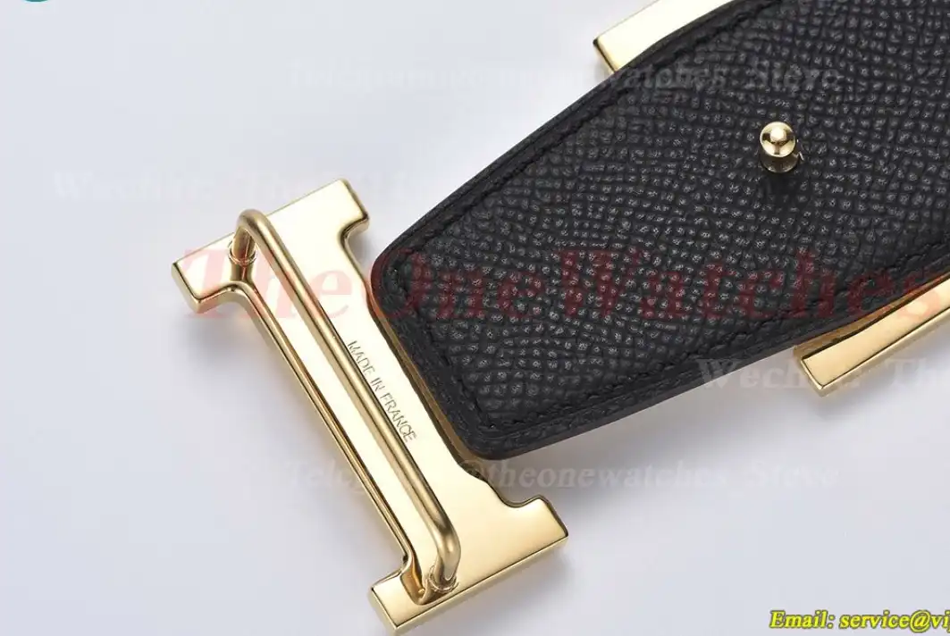 YG Hermes SS Buckle on White Black Leather Belt 3.8cm