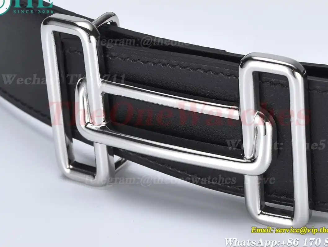 Silver Hermes SS Buckle on Black Leather Belt 3.8cm