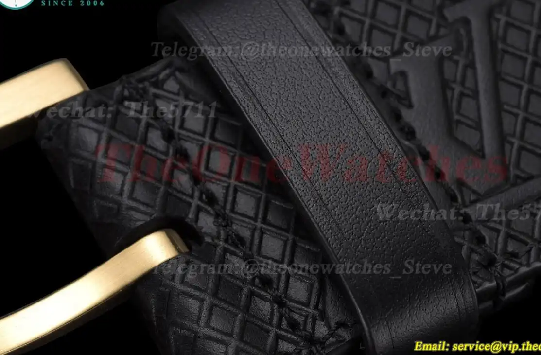 Yellow Gold LV Brass Buckle on Black Leather Belt 4.0cm