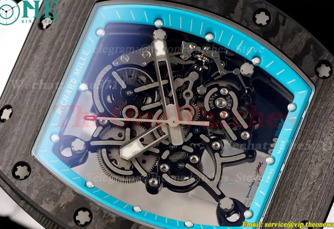 RM055 Real NTPT Skeleton Blue Dial On White Rubber Strap YSF RMUL2