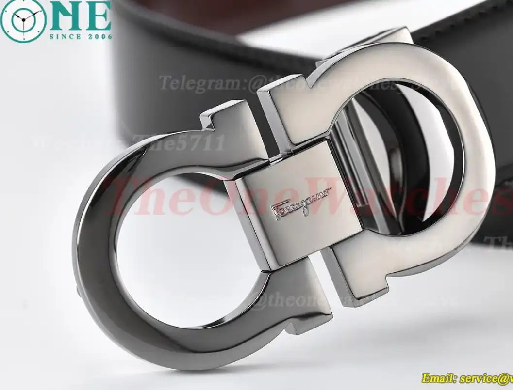 Bright Grey Brass Buckle on Black Brown Leather Belt 3.5cm