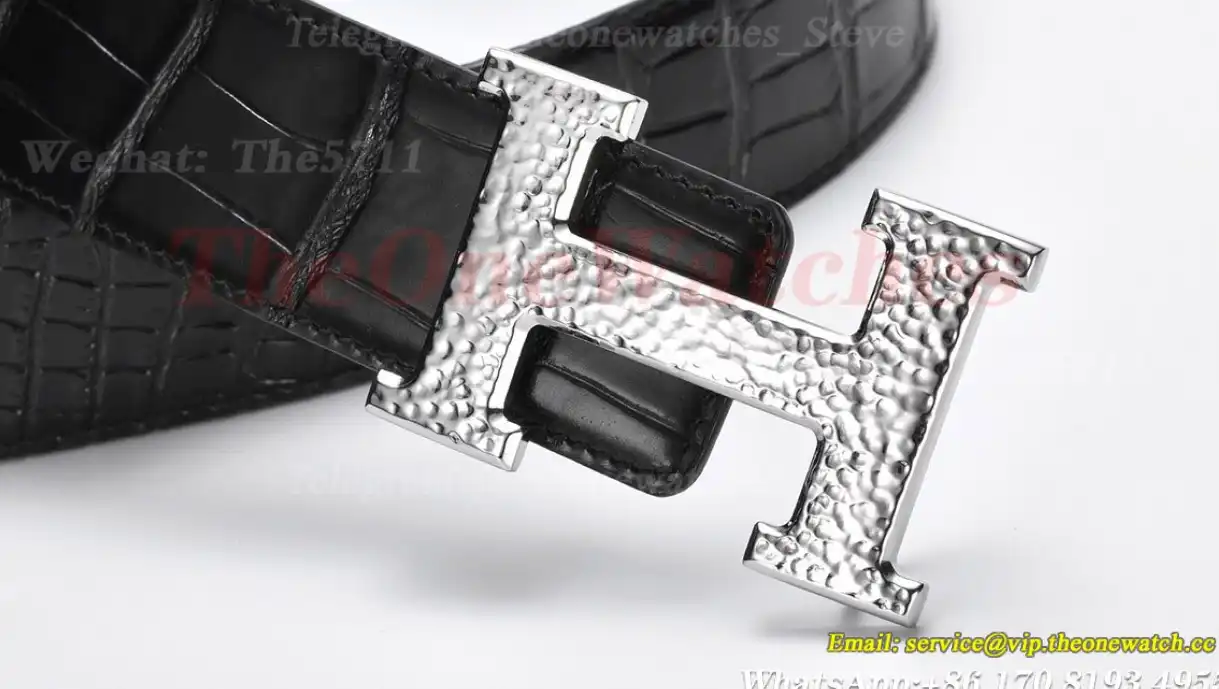 Silver Hermes SS Buckle on Black Black Leather Belt 3.8cm