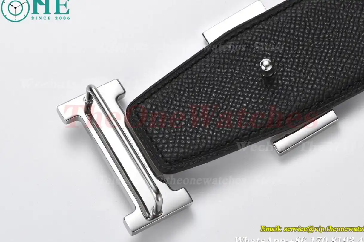 Silver Hermes SS Buckle on White Black Leather Belt 3.8cm