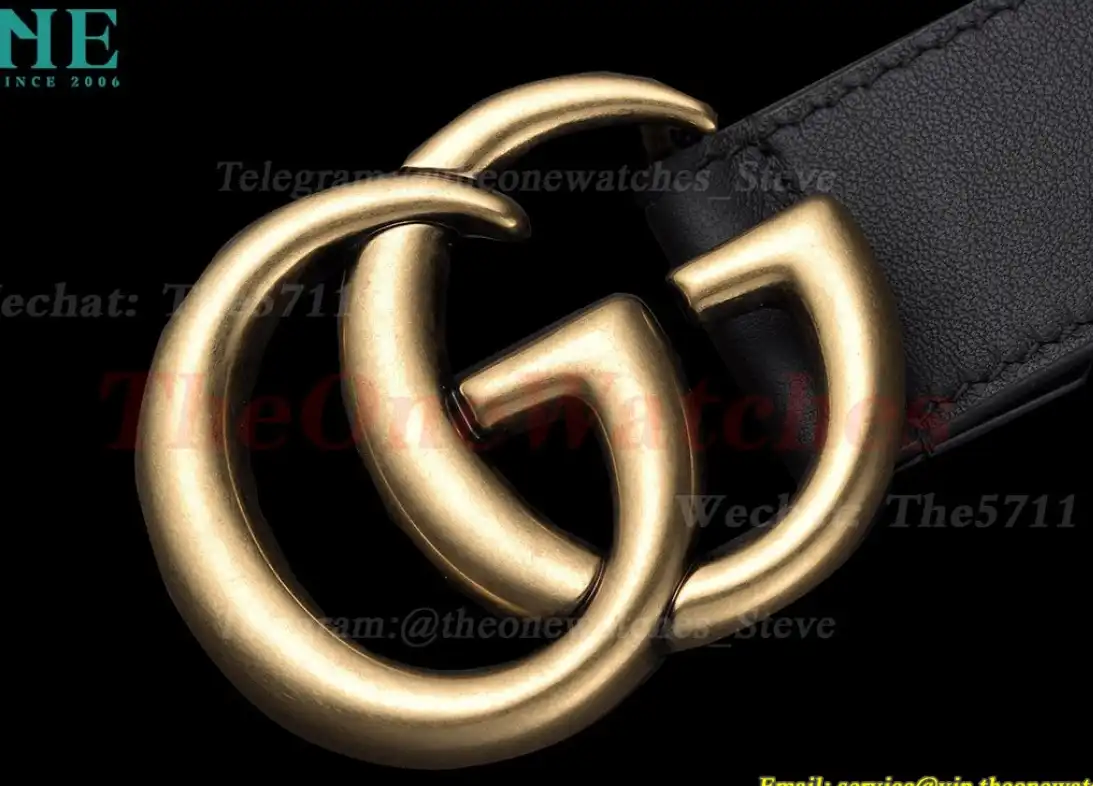 Gold Double G Buckle on Black Leather Belt 3.0cm