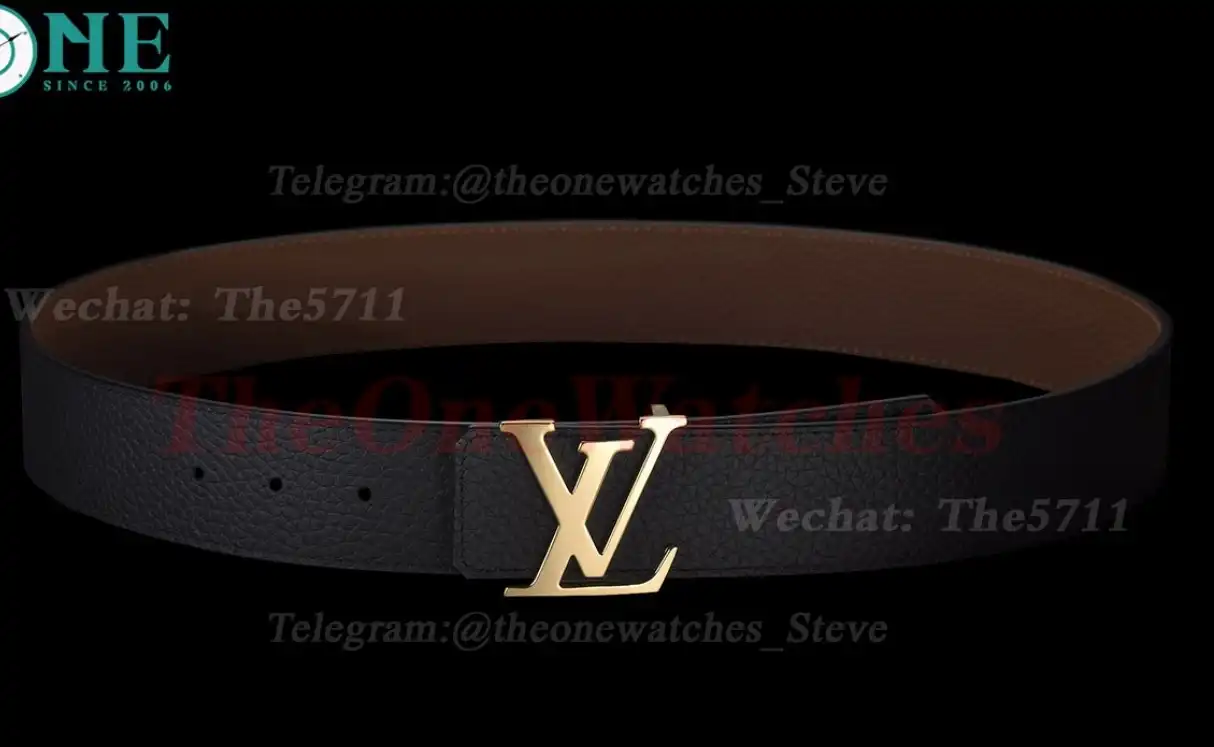 Yellow Gold LV Brass Buckle on Black Leather Belt 4.0cm