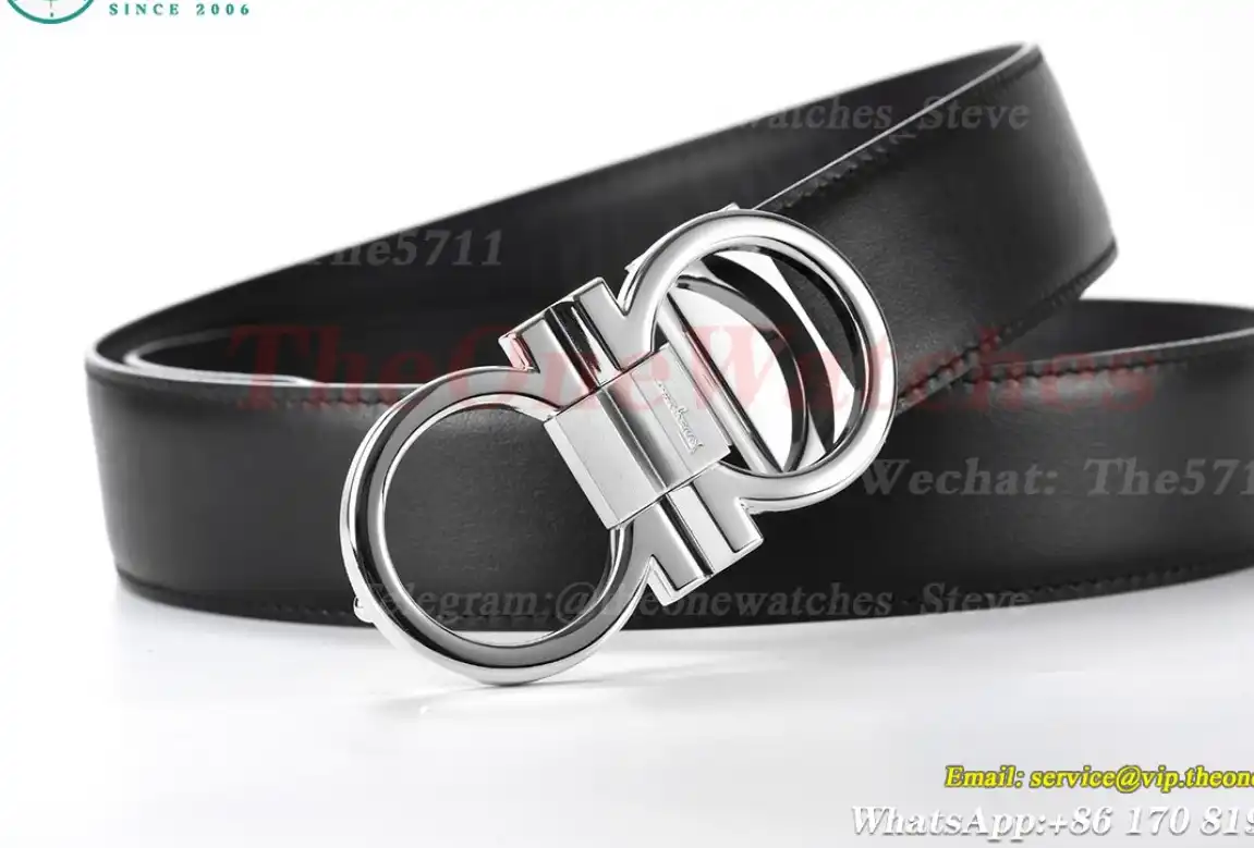 Silver Brass Buckle on Black Black Leather Belt 3.5cm