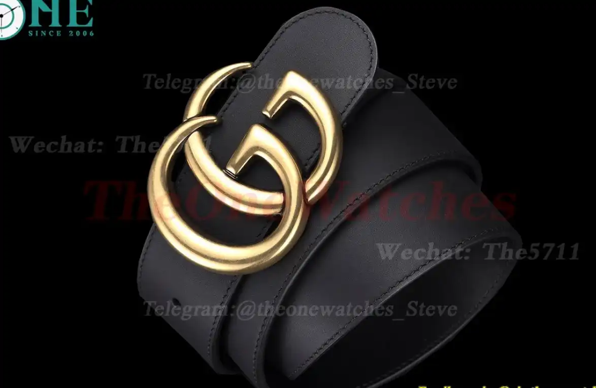 Gold Double G Buckle on Black Leather Belt 4.0cm