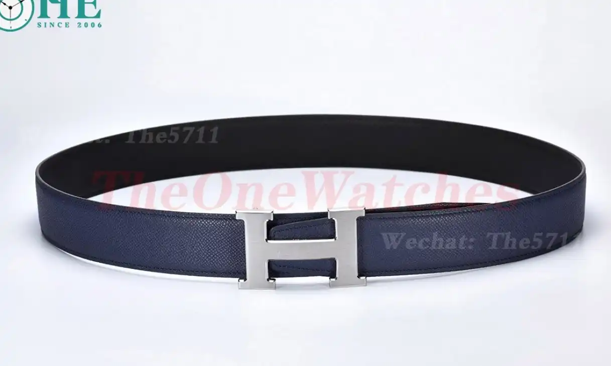 Silver Hermes SS Buckle on Blue Black Leather Belt 3.8cm