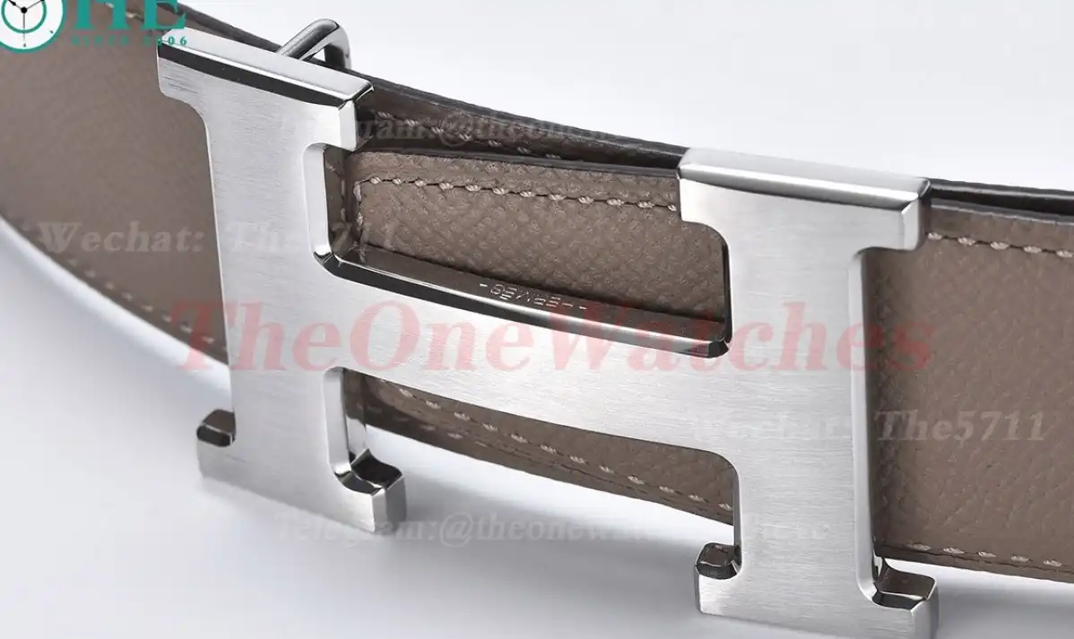 Silver Hermes SS Buckle on Apricot Black Leather Belt 3.8cm