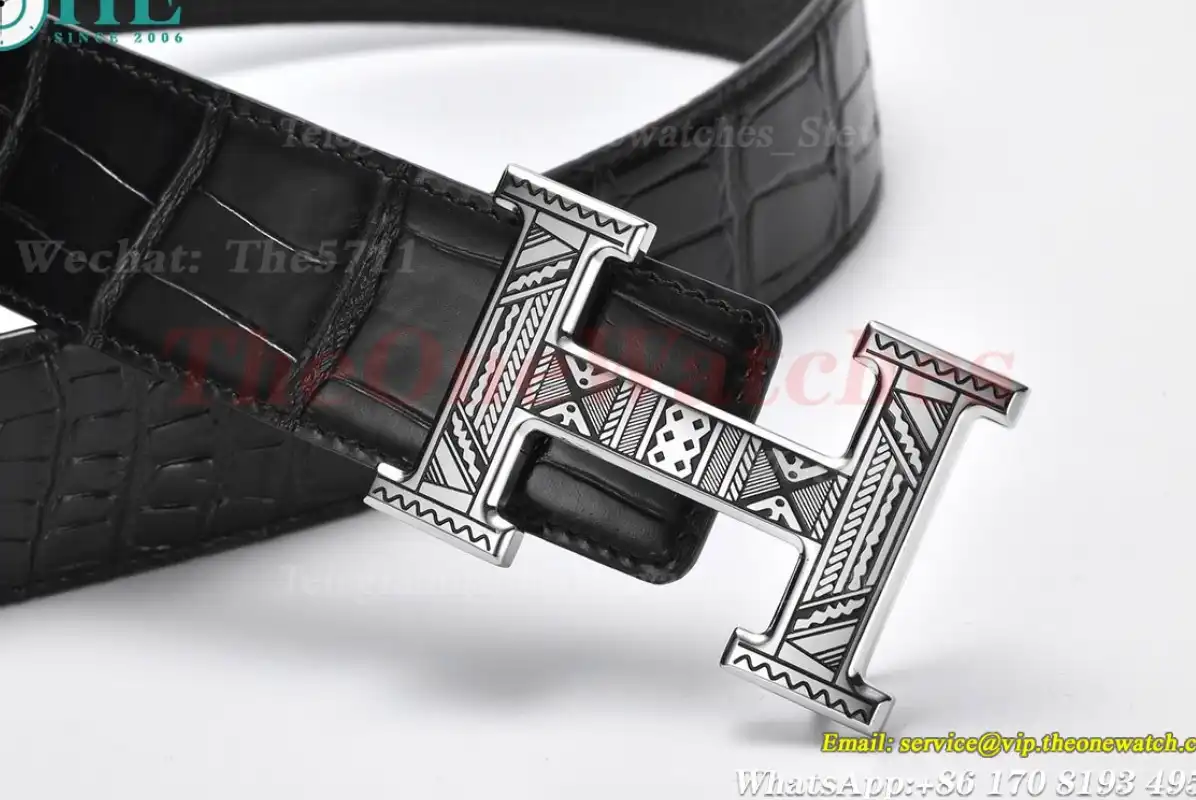 Silver Hermes SS Buckle on Black Black Leather Belt 3.8cm