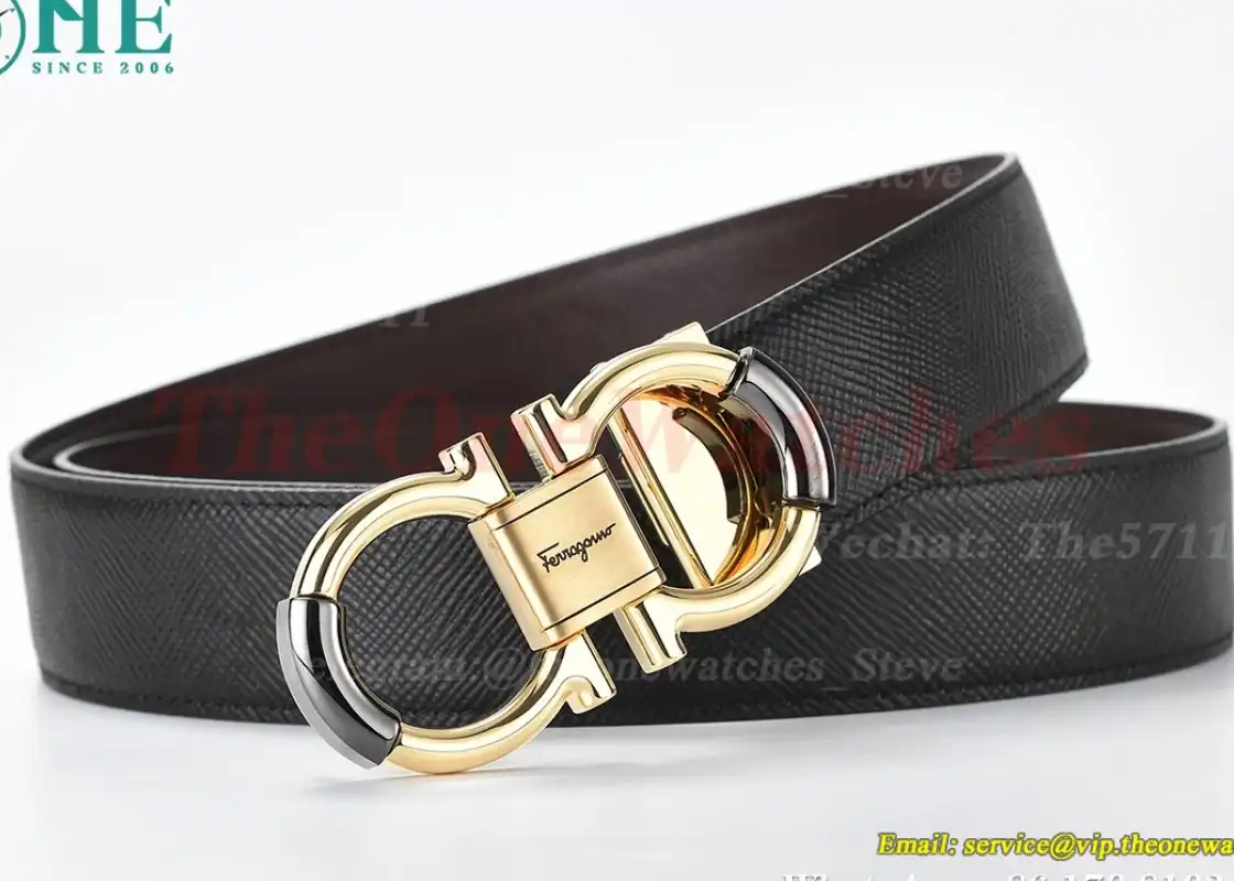 YG Brass Buckle on Black Brownish Leather Belt 3.5cm