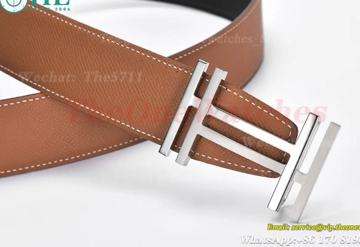 Silver Hermes SS Buckle on Brown Black Leather Belt 3.8cm