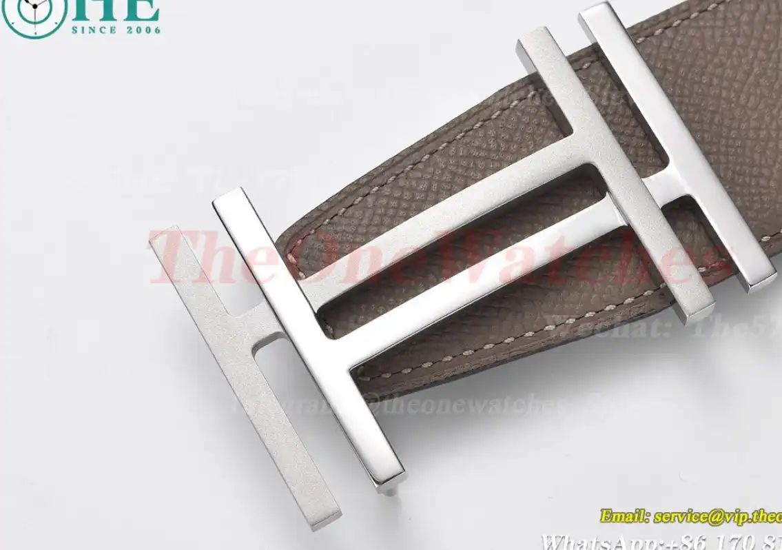 Silver Hermes SS Buckle on Apricot Black Leather Belt 3.8cm