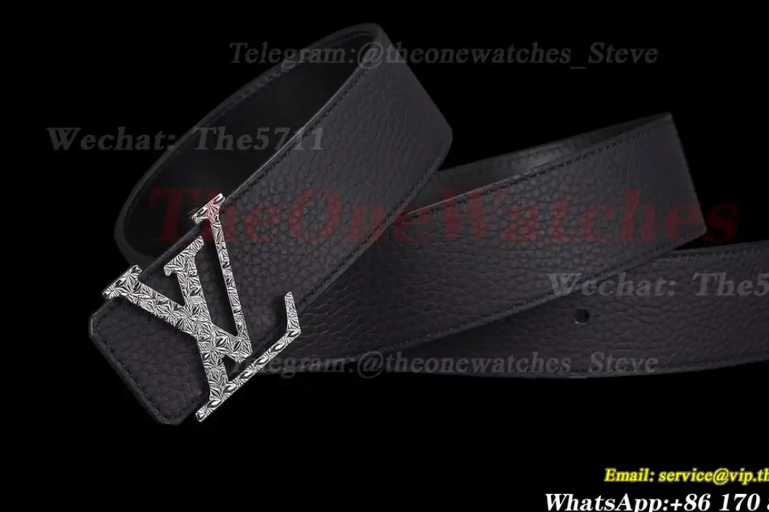 Engraved LV Brass Buckle on Black Leather Belt 4.0cm