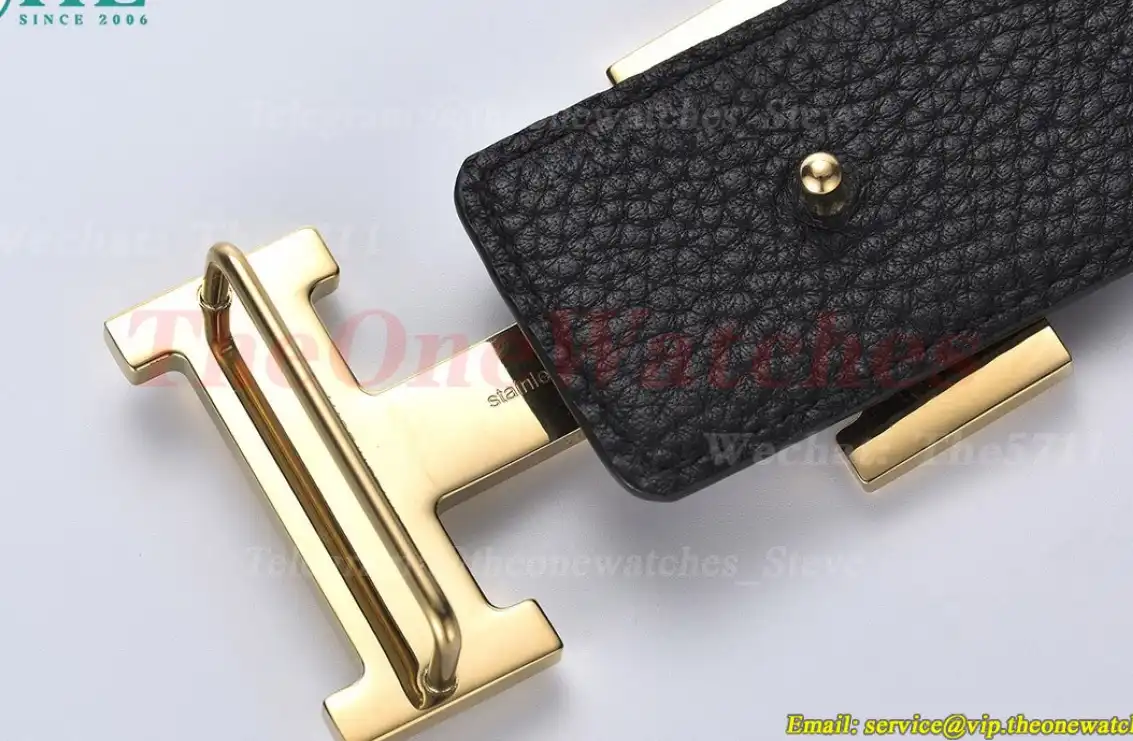 YG Hermes SS Buckle on Black Black Leather Belt 3.8cm