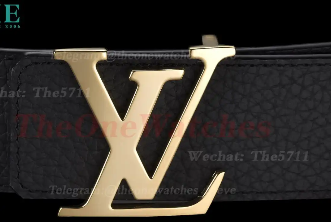 Yellow Gold LV Brass Buckle on Black Leather Belt 4.0cm