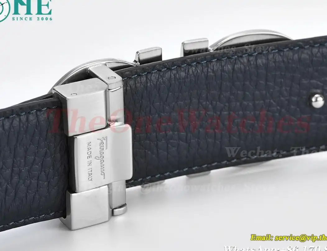 Silver Brass Buckle on Black Blue Leather Belt 3.5cm