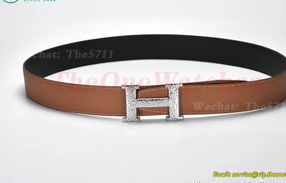 Silver Hermes SS Buckle on Brown Black Leather Belt 3.8cm