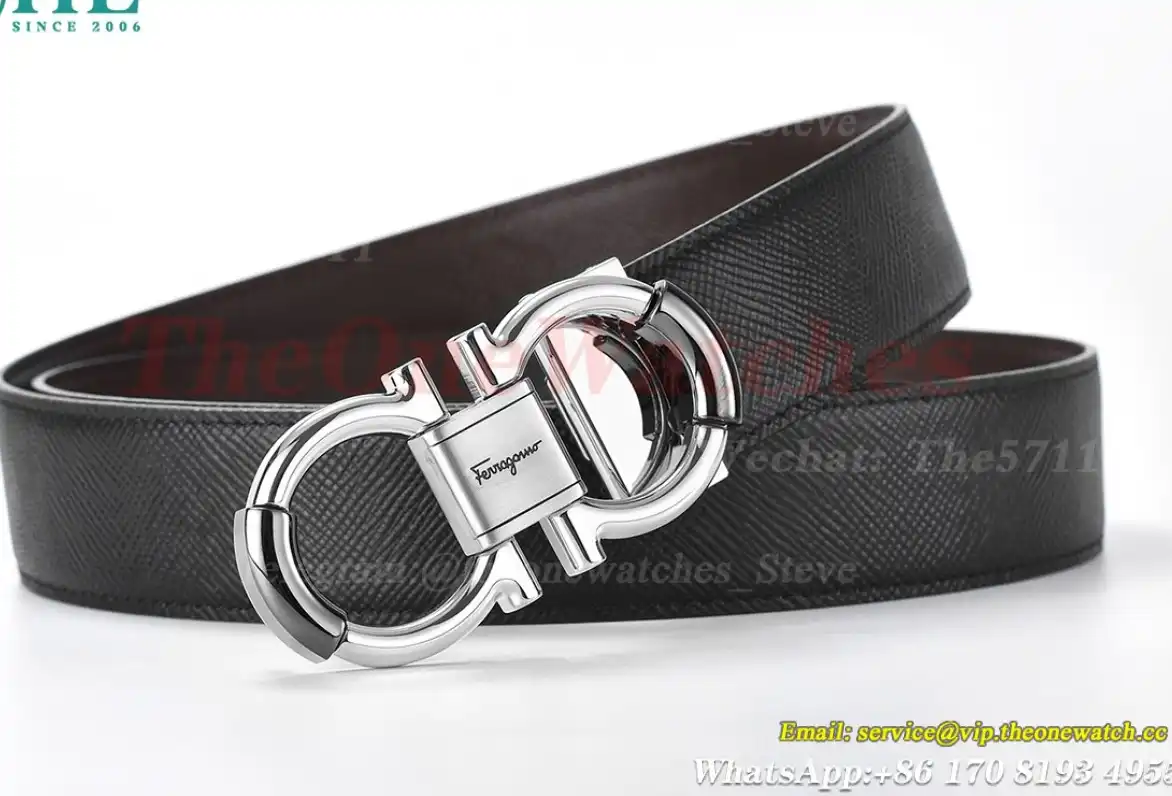 Silver Brass Buckle on Black Brownish Leather Belt 3.5cm