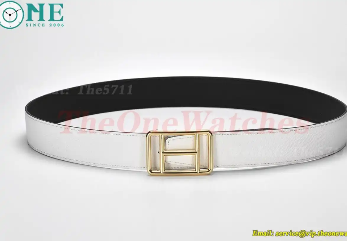 YG Hermes SS Buckle on White Black Leather Belt 3.8cm