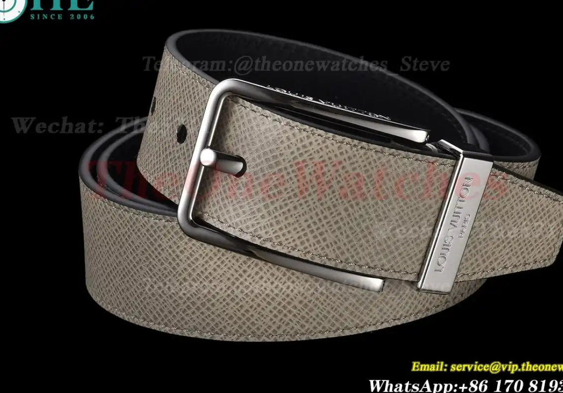 Silver LV SS Buckle on Beige Leather Belt 3.5cm