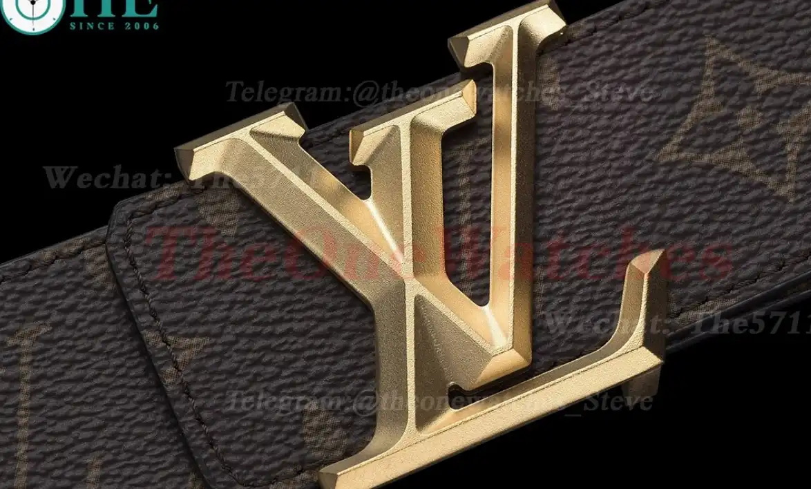 Yellow Gold LV Brass Buckle on Brown Leather Belt 4.0cm