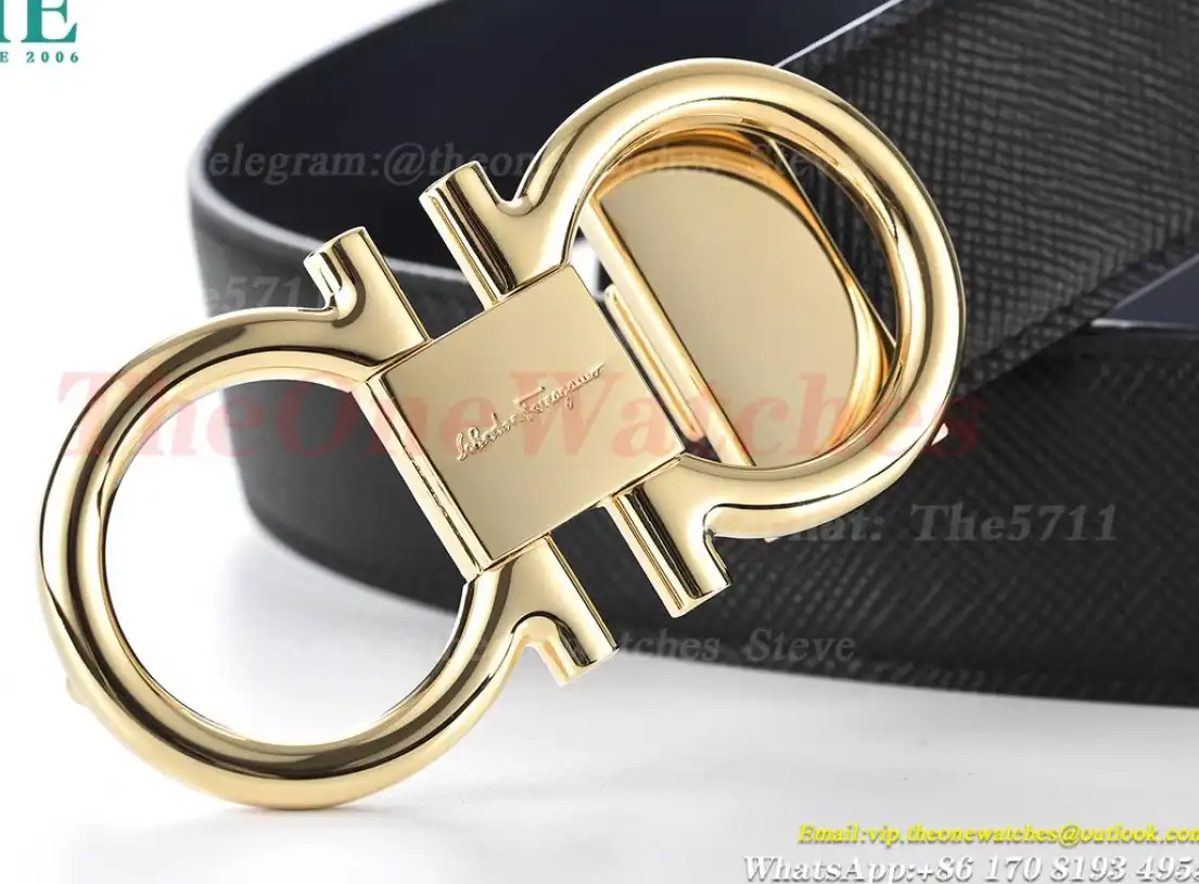 YG Brass Buckle on Black Blue Leather Belt 3.5cm