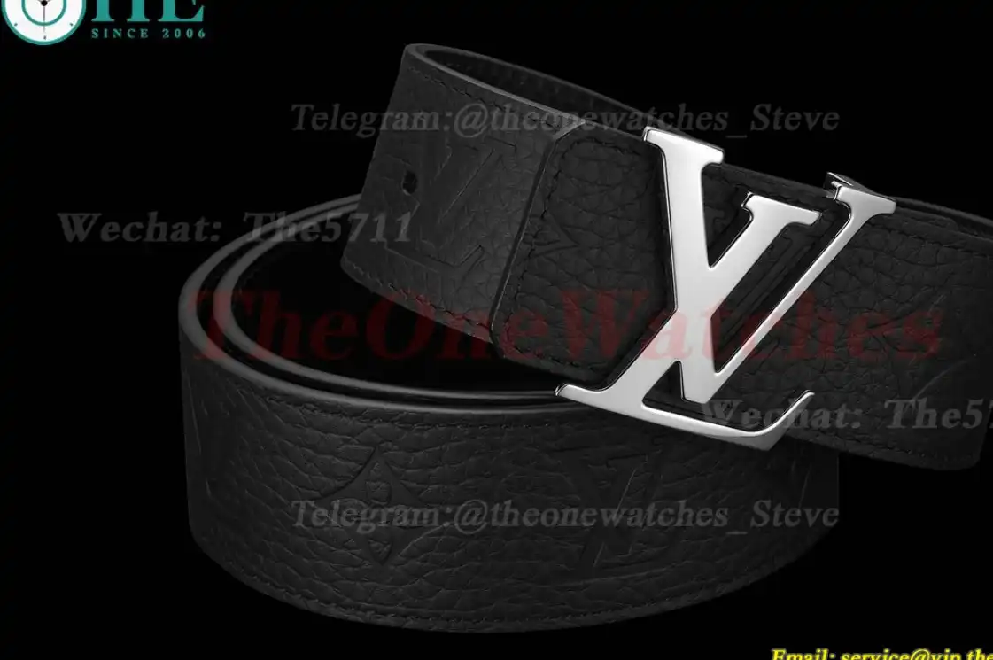 Silver LV Brass Buckle on Black Leather Belt 4.0cm