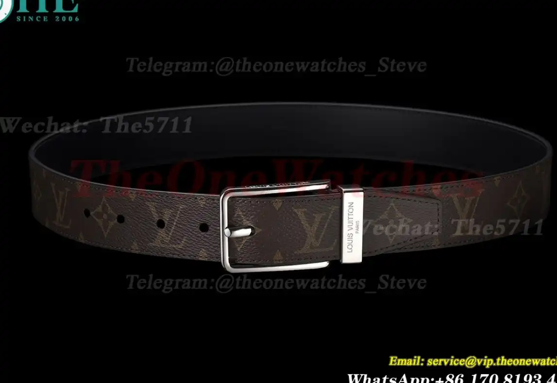 Silver LV SS Buckle on Brown Leather Belt 3.5cm