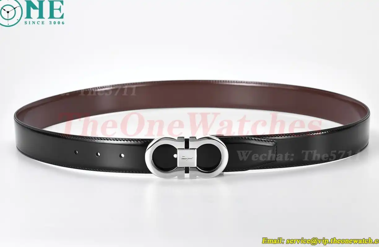 Silver Brass Buckle on Black Brown Leather Belt 3.5cm