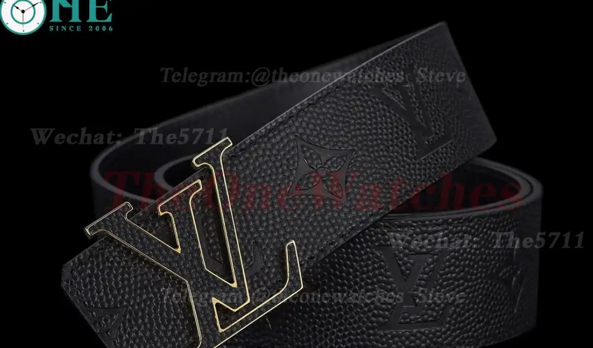 Yellow Gold LV Brass Buckle on Black Leather Belt 4.0cm