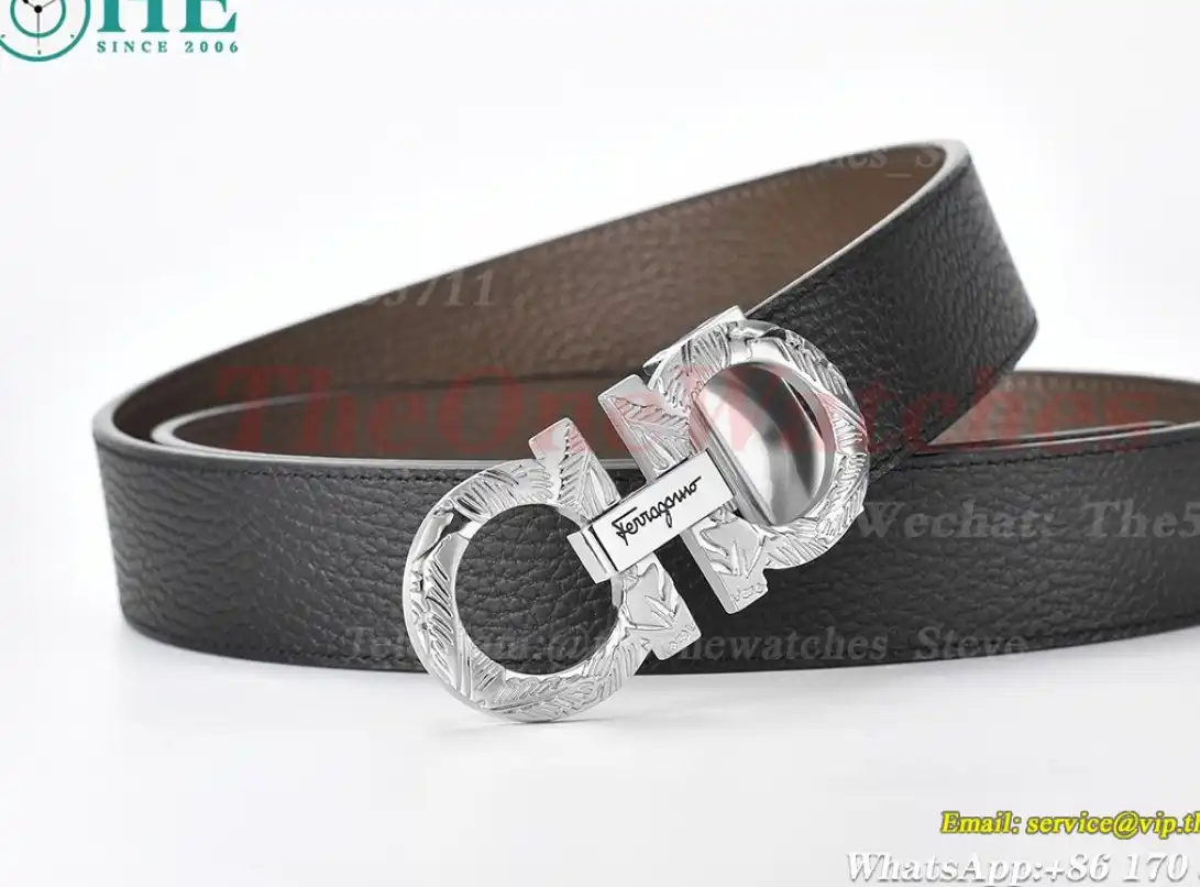 Silver Brass Buckle on Black Apricot Leather Belt 3.5cm