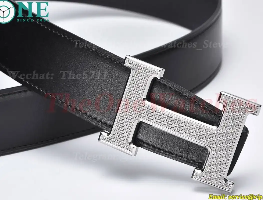 Silver Hermes SS Buckle on Black Black Leather Belt 3.8cm