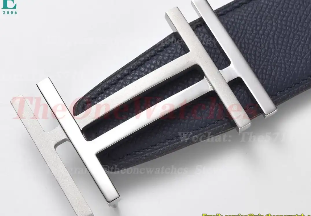 Silver Hermes SS Buckle on Blue Black Leather Belt 3.8cm