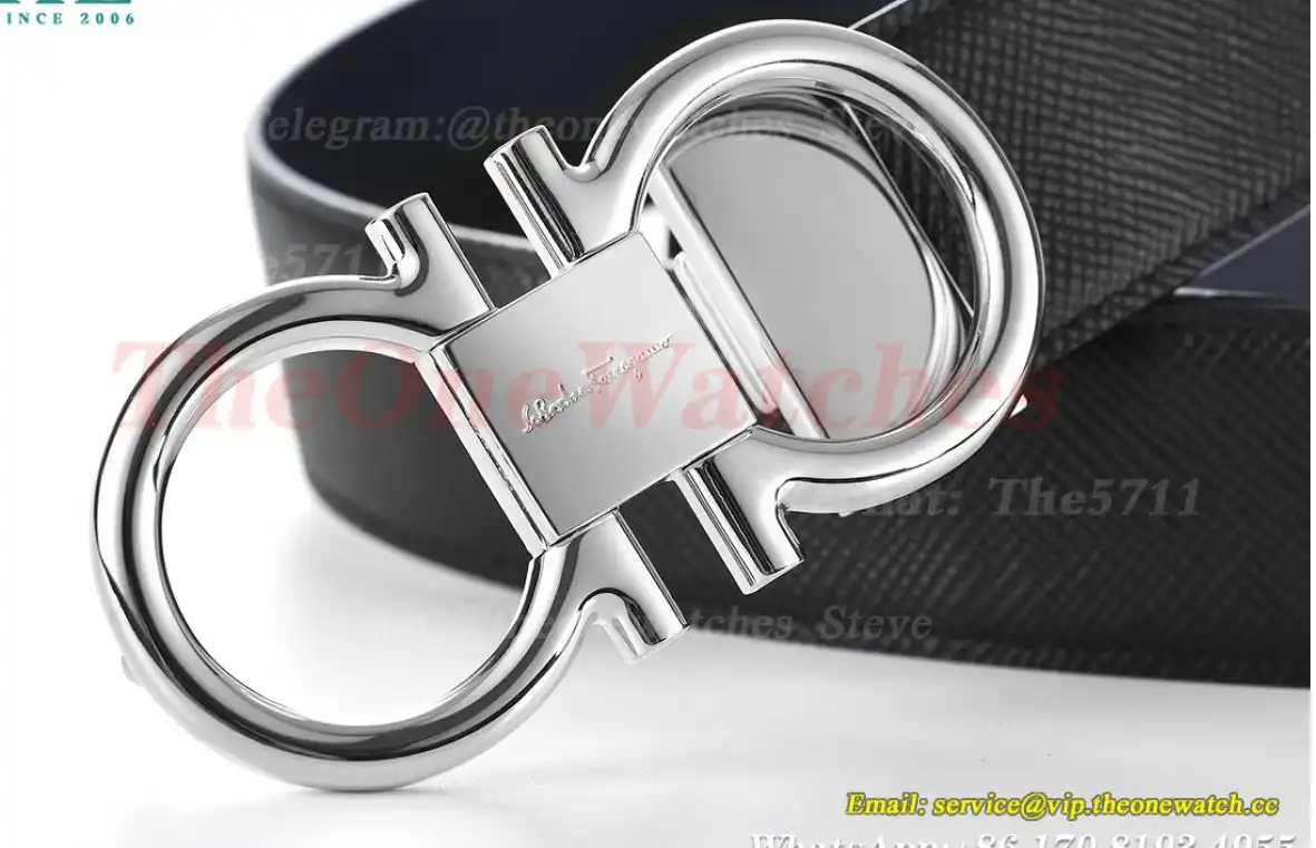 Silver Brass Buckle on Black Blue Leather Belt 3.5cm