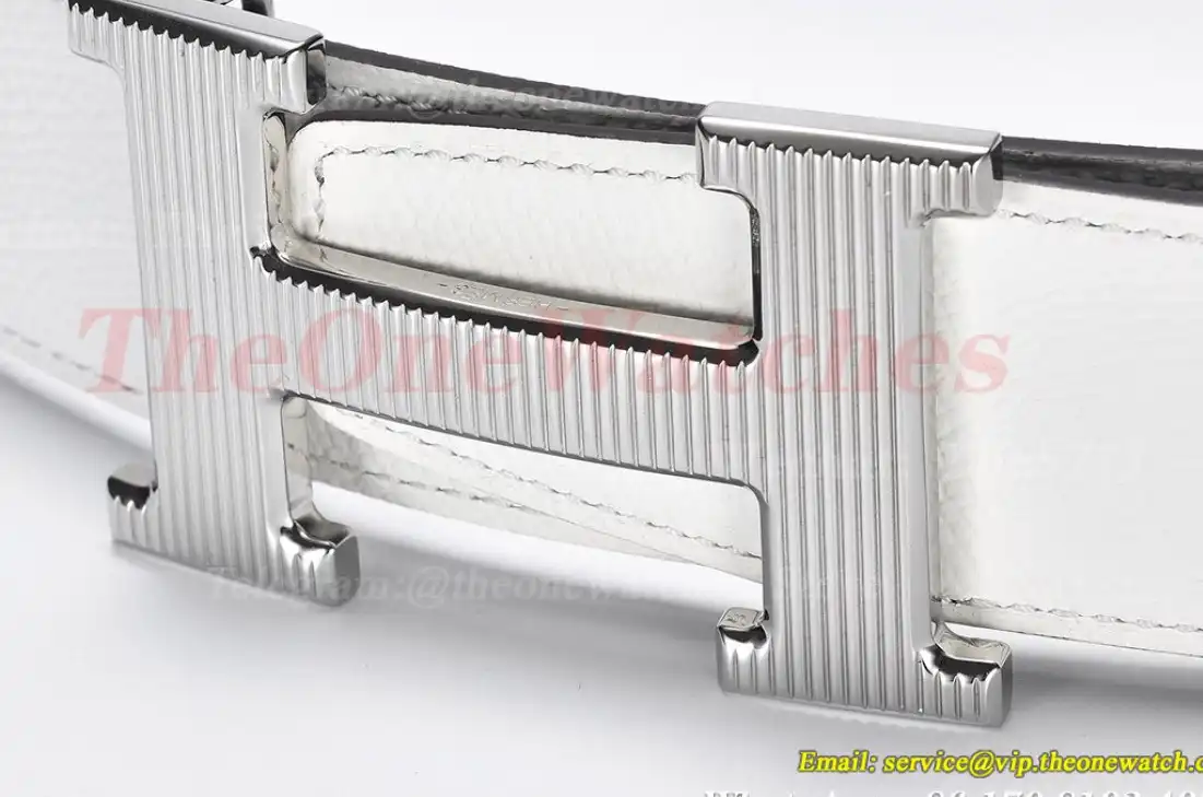 Silver Hermes SS Buckle on White Black Leather Belt 3.8cm