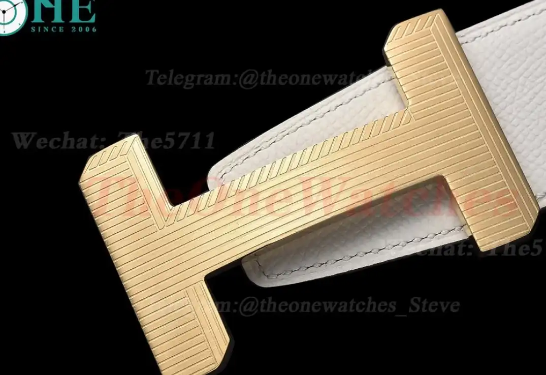 Yellow Gold Hermes SS Buckle on milky Leather Belt 3.8cm